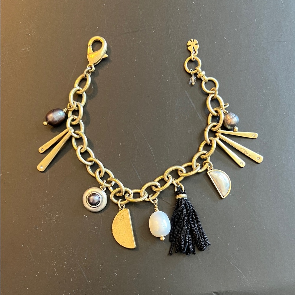 Lucky Brand Gold-Tone Charm Bracelet with Black Tassel and Pearl Accents